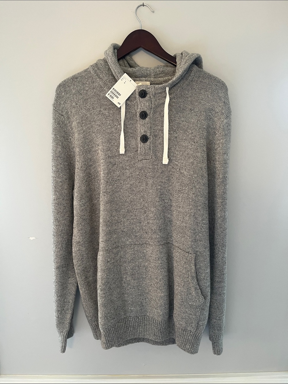 H&M Gray Hooded Knit Pullover with Button Henley